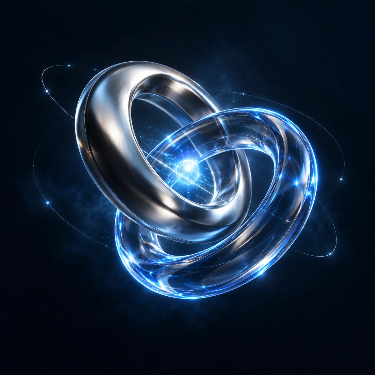 Interlocking silver and illuminated glass rings representing connected institutional finance